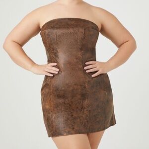 Plus Size Faux Leather Tube Mini Dress-Brown-3X